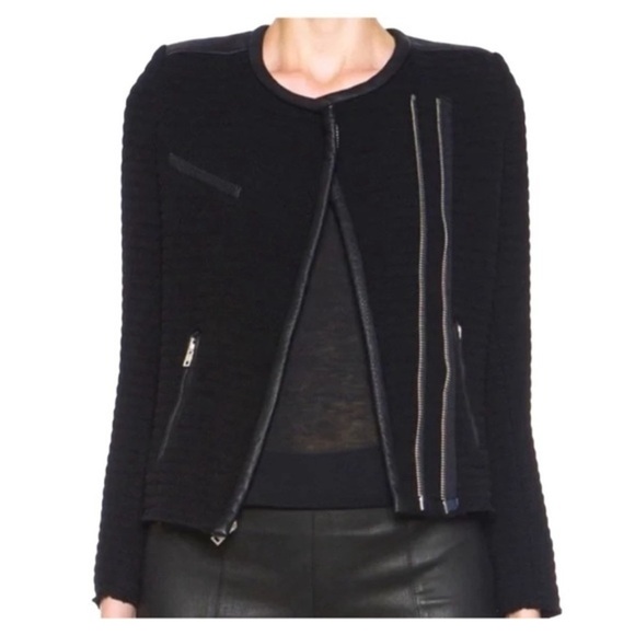 IRO Wool Blend Boucle Maiden Raw Hem Quilted Leather Trim Biker Jacket in Black - Picture 9 of 11